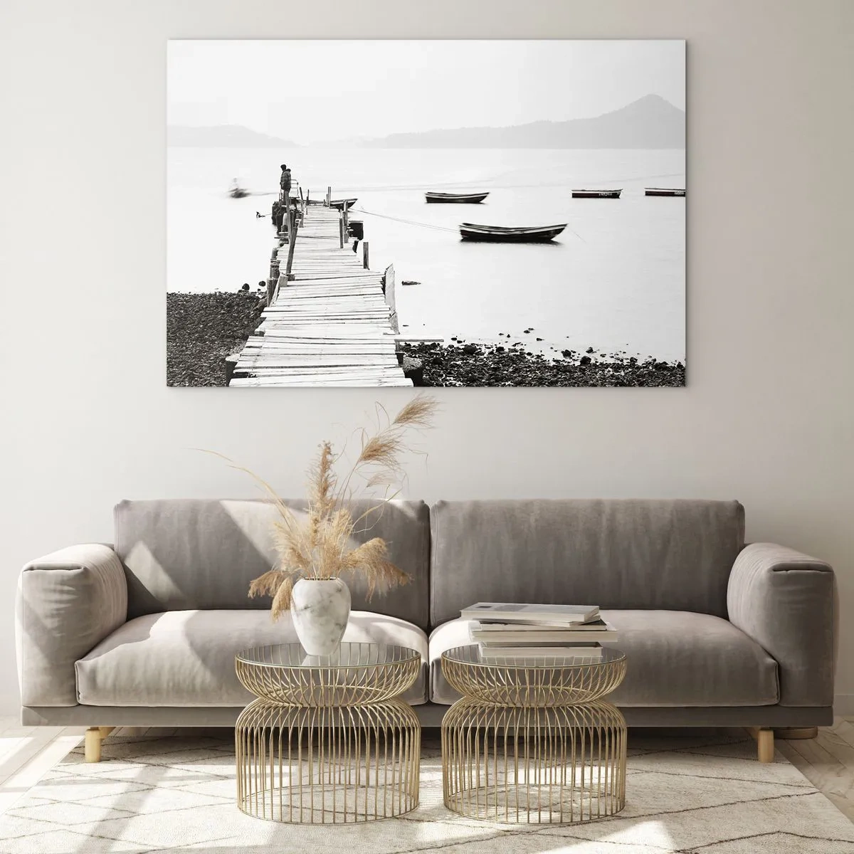 Impression sur verre - Image sur verre - Vue en noir et blanc d'une jetée en bois sur un lac - 70x50cm - Calme et propre au bord de l'eau - Décoration murale moderne pour le salon et la chambre ARTTOR