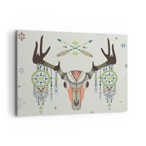 Impression sur toile - Image sur toile - Décoration bohème avec crâne de cerf et attrape-rêves - 100x70cm - Trophée du chasseur indien - Décoration murale moderne pour le salon et la chambre ARTTOR