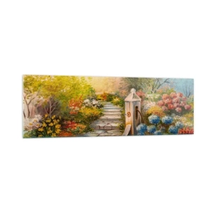 Impression sur verre - Image sur verre - Un jardin pittoresque avec une fontaine et des fleurs colorées - 160x50cm - En pleine floraison - Décoration murale moderne pour le salon et la chambre ARTTOR