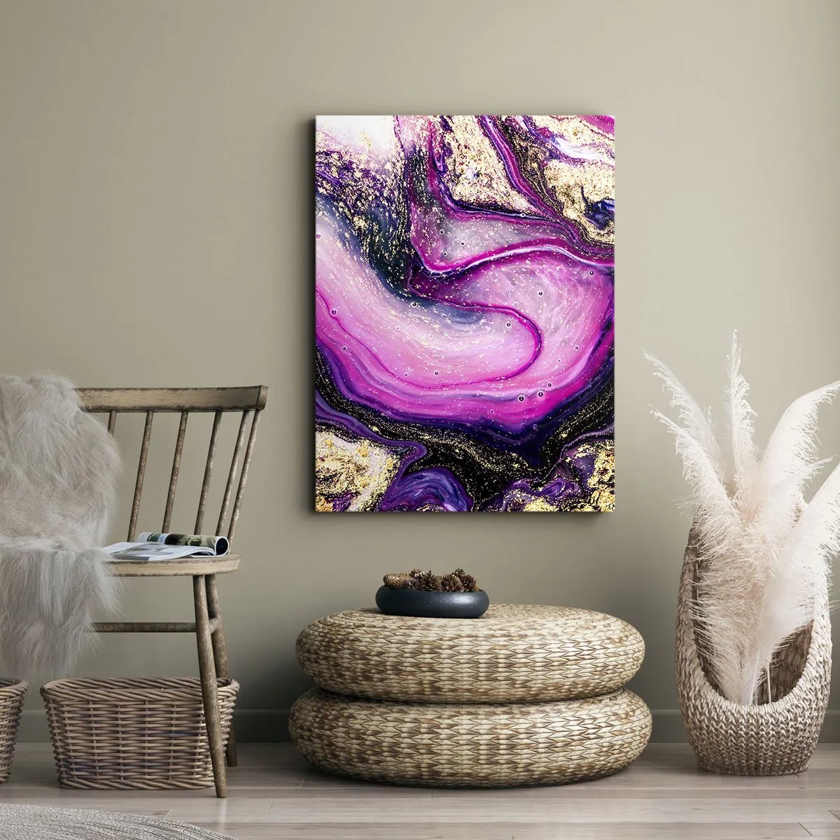 Impression sur toile - Image sur toile - Vagues abstraites dans des tons violets et dorés - 50x70cm - Un instant dans les coulisses - Décoration murale moderne pour le salon et la chambre ARTTOR