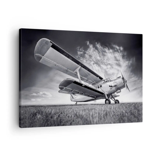 Impression sur toile - Image sur toile - Un avion contre un ciel dramatique en noir et blanc - 70x50cm - Le pèlerin ailé - Décoration murale moderne pour le salon et la chambre ARTTOR