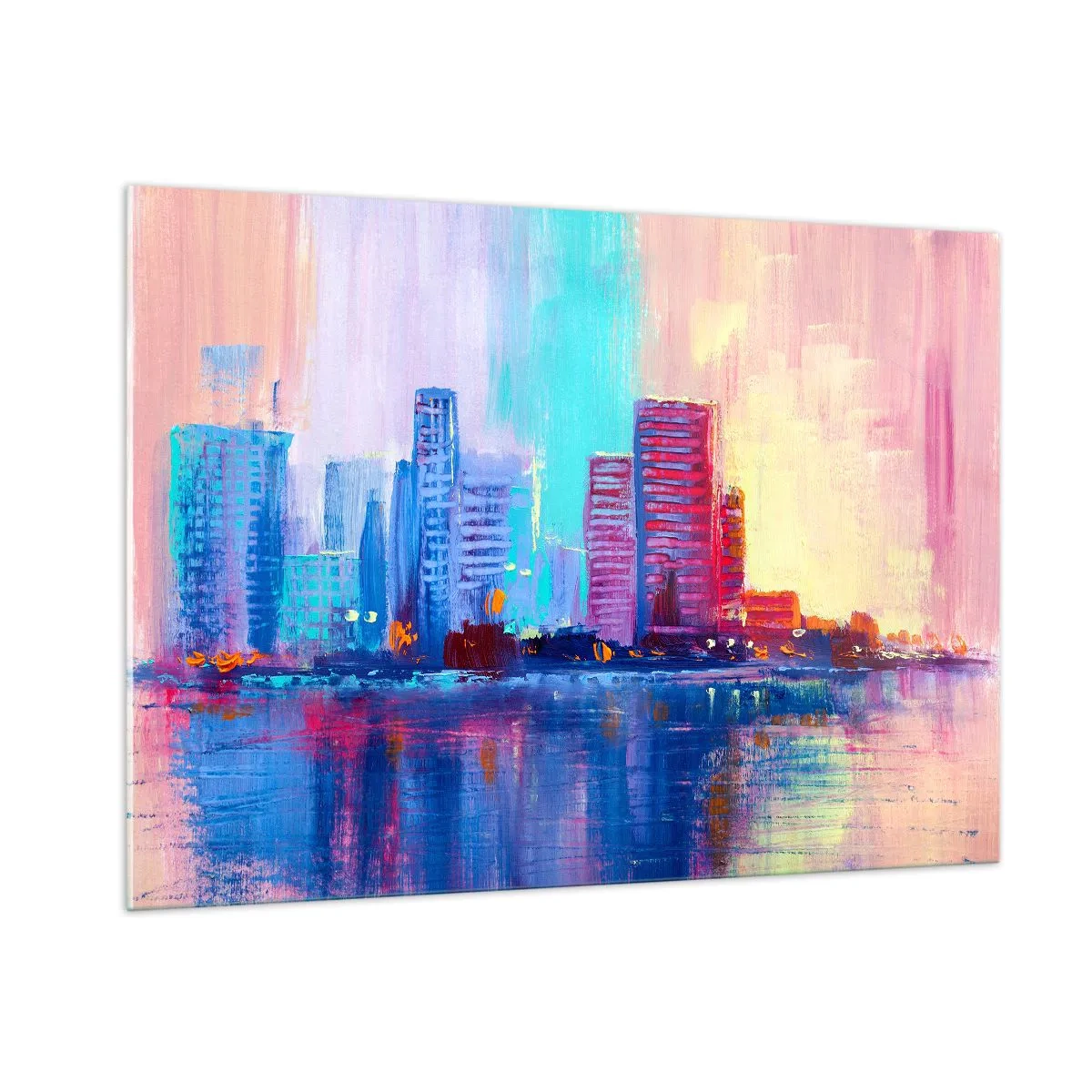 Impression sur verre - Image sur verre - Une ville moderne aux couleurs intenses se reflétant dans l'eau - 100x70cm - Baigné de couleurs - Décoration murale moderne pour le salon et la chambre ARTTOR