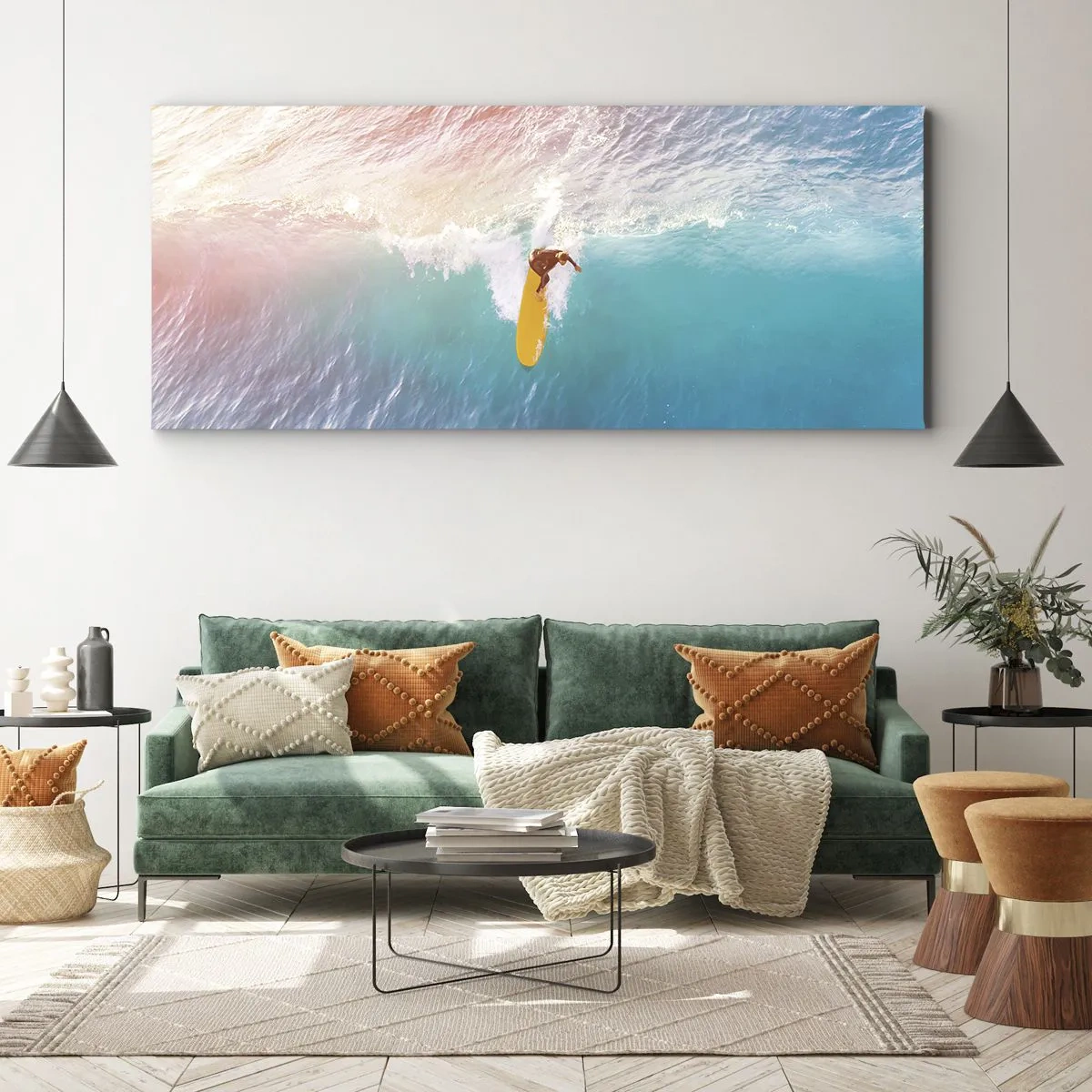 Impression sur toile - Image sur toile - Surfeur sur une vague aux couleurs pastel - 120x50cm - Le cavalier de l'océan - Décoration murale moderne pour le salon et la chambre ARTTOR
