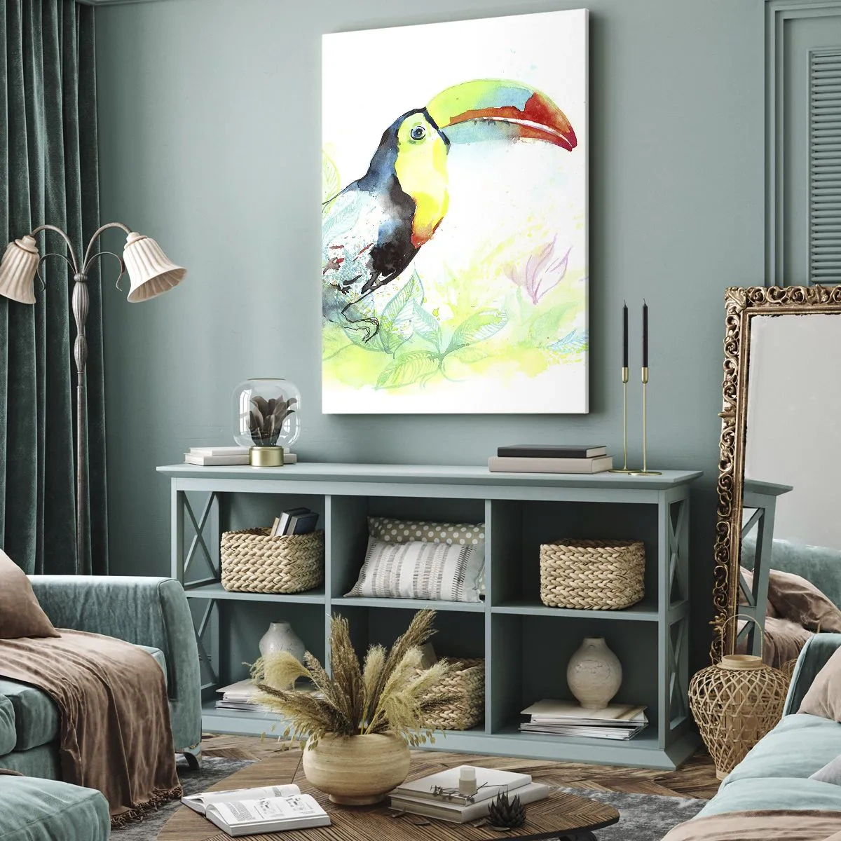 Impression sur toile - Image sur toile - Illustration à l'aquarelle d'un toucan sur fond tropical - 50x70cm - Aussi coloré que l'Amérique du Sud - Décoration murale moderne pour le salon et la chambre ARTTOR