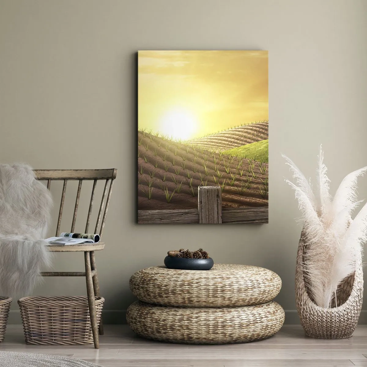Impression sur toile - Image sur toile - Paysage rural avec une grange rouge, un tracteur et un lever de soleil - 80x120cm - Une ferme comme dans un conte de fées - Décoration murale moderne pour le salon et la chambre ARTTOR