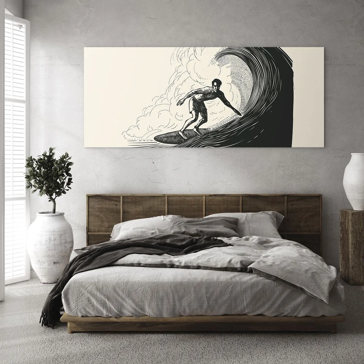 Impression sur verre - Image sur verre - Graphique en noir et blanc d'un surfeur sur une vague - 160x50cm - Le roi de la vague - Décoration murale moderne pour le salon et la chambre ARTTOR
