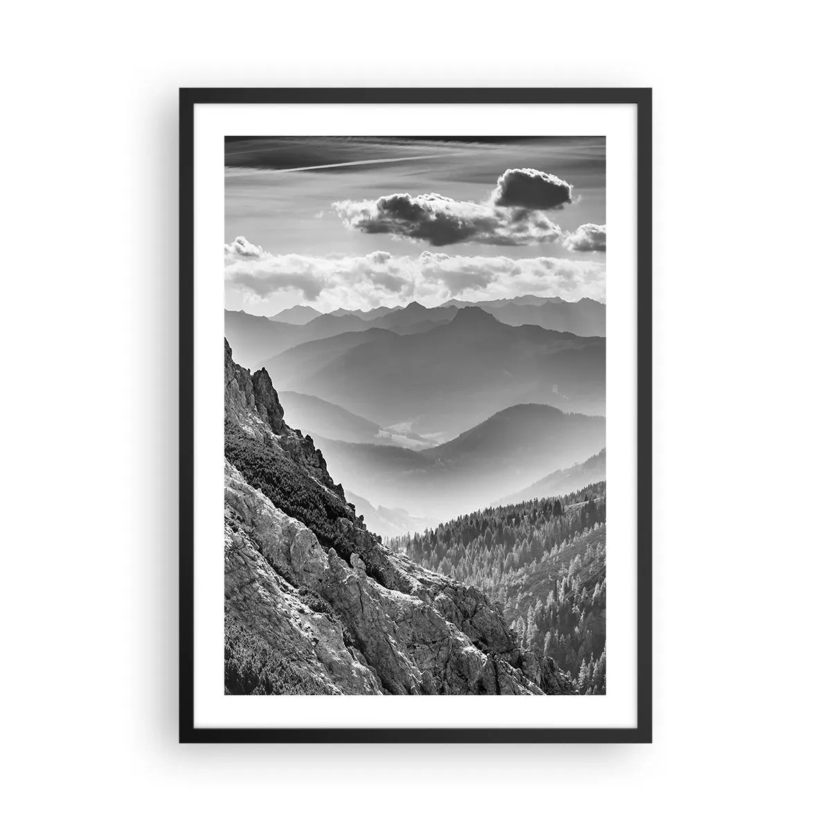 Affiche dans un cadre noir - Poster - Paysage de montagne avec des nuages à l'horizon - 50x70cm - Jusqu'à l'horizon - Décoration murale moderne pour le salon et la chambre ARTTOR