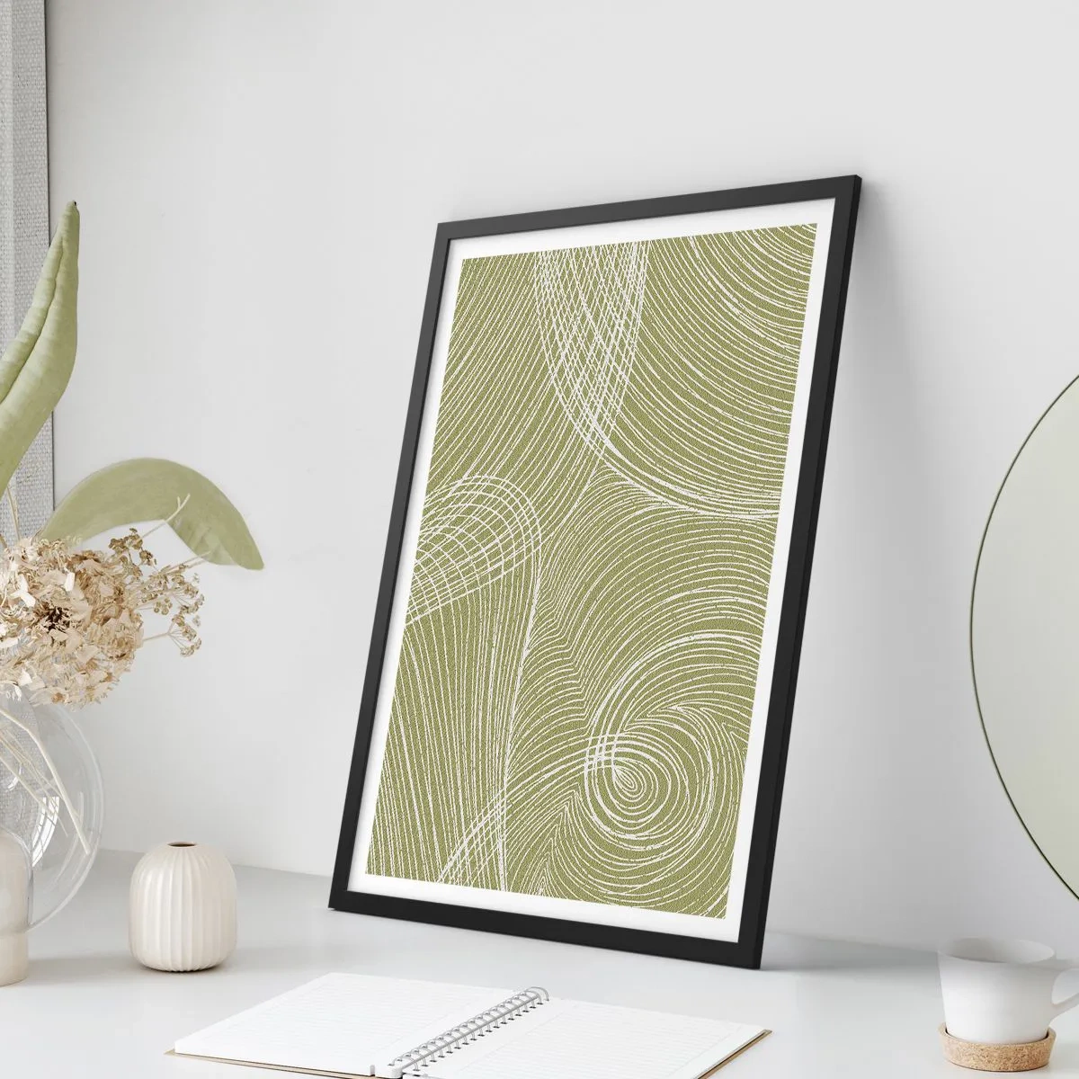 Affiche dans un cadre noir - Poster - Une composition abstraite dans des tons de vert avec des lignes dynamiques. - 50x70cm - Abstraction complexe de blanc - Décoration murale moderne pour le salon et la chambre ARTTOR