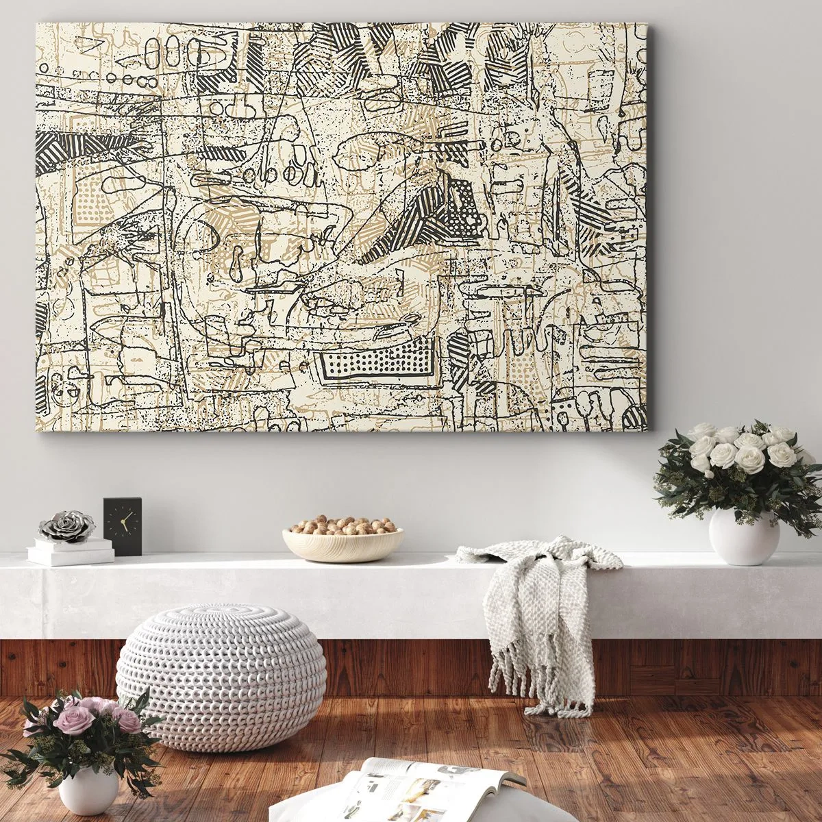 Impression sur toile - Image sur toile - Motifs abstraits et lignes sur fond beige - 70x50cm - Il attend d'être décodé - Décoration murale moderne pour le salon et la chambre ARTTOR