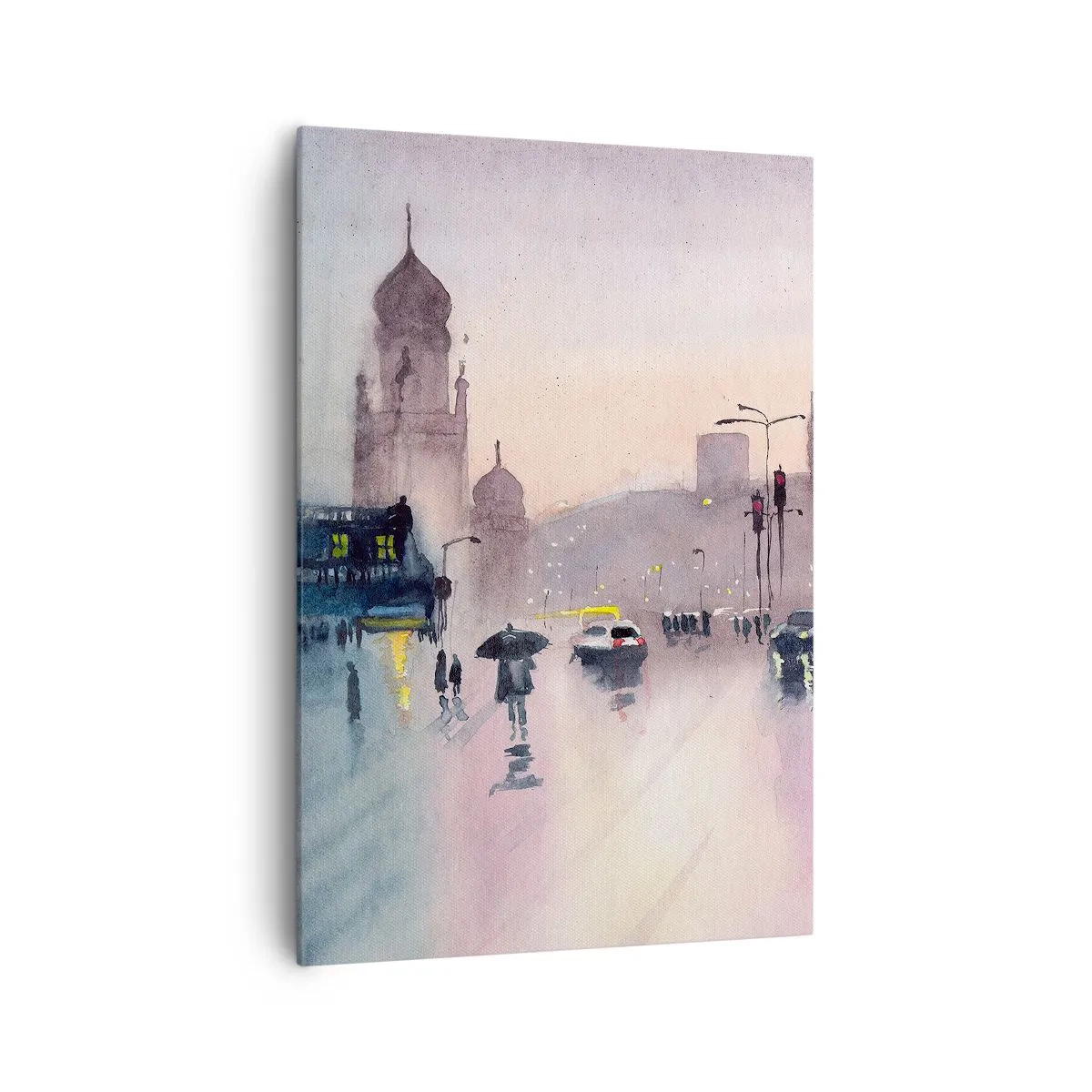 Impression sur toile - Image sur toile - Une rue de la ville au crépuscule dans un style aquarelle - 70x100cm - Dans une brume pluvieuse - Décoration murale moderne pour le salon et la chambre ARTTOR