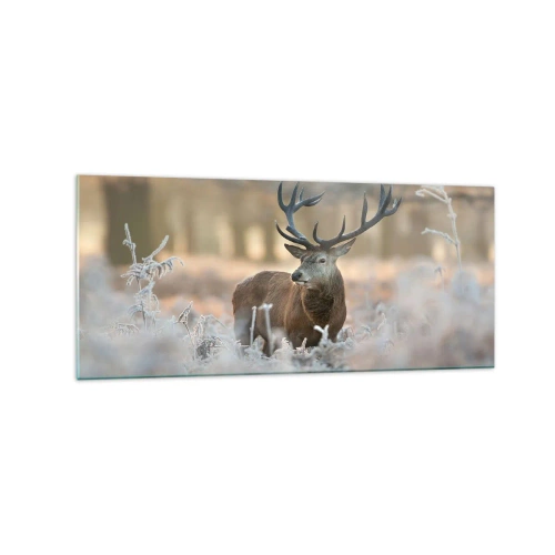 Impression sur verre - Image sur verre - Un cerf dans une clairière givrée dans une forêt hivernale aux couleurs subtiles - 120x50cm - Une matinée animée - Décoration murale moderne pour le salon et la chambre ARTTOR