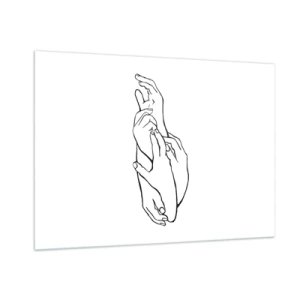 Impression sur verre - Image sur verre - Un dessin linéaire subtil de mains jointes sur un fond blanc. - 100x70cm - Bon contact - Décoration murale moderne pour le salon et la chambre ARTTOR