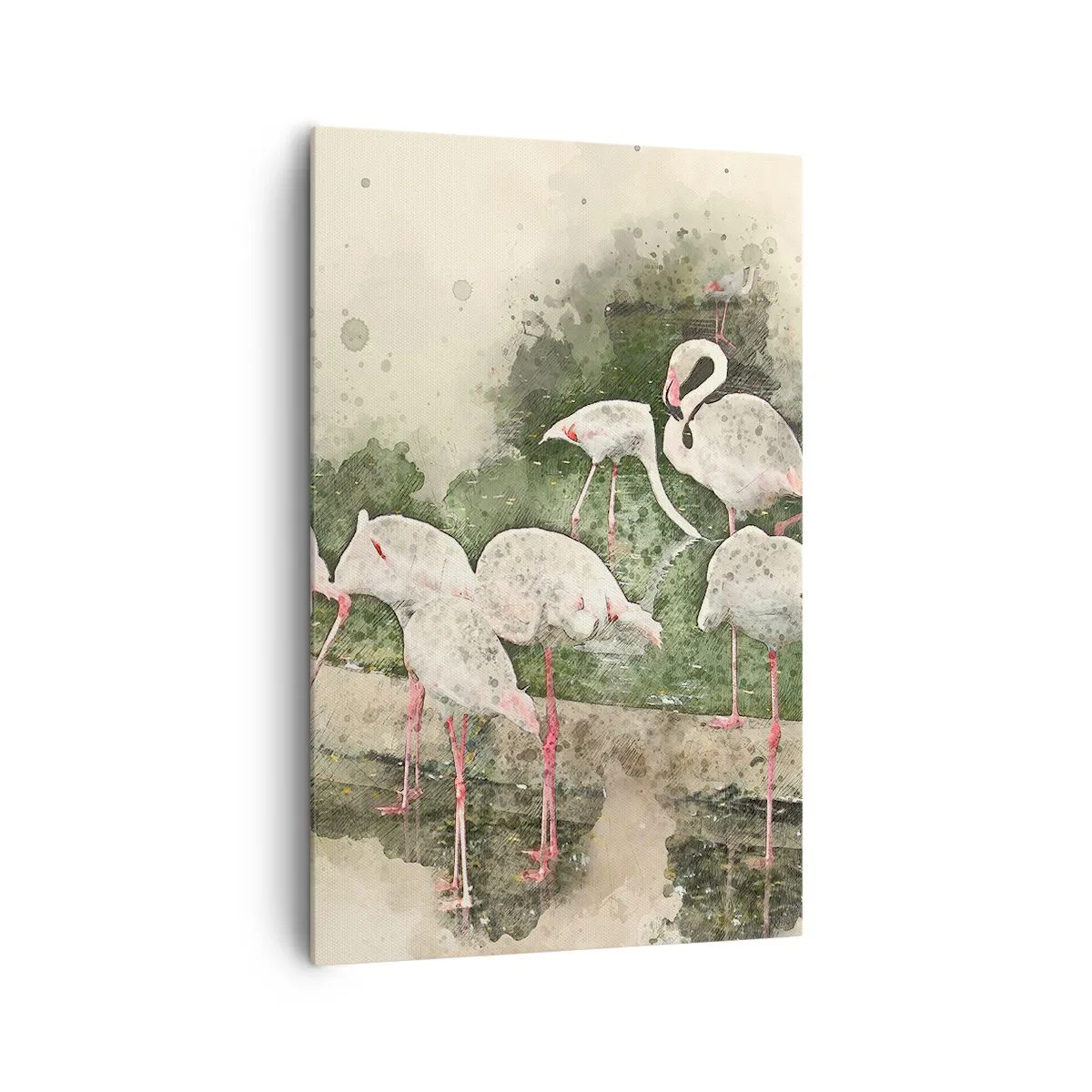 Impression sur toile - Image sur toile - Flamants roses dans leur environnement naturel dans un style aquarelle - 80x120cm - Rêve exotique - Décoration murale moderne pour le salon et la chambre ARTTOR
