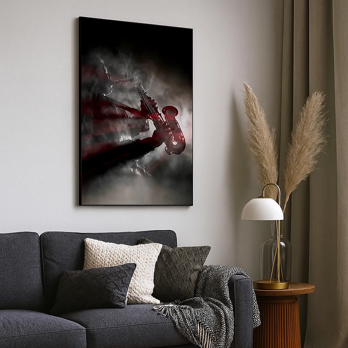Impression sur toile - Image sur toile - Saxophoniste en fumée sur scène en noir et rouge atmosphérique - 50x70cm - Dans les brumes du jazz - Décoration murale moderne pour le salon et la chambre ARTTOR