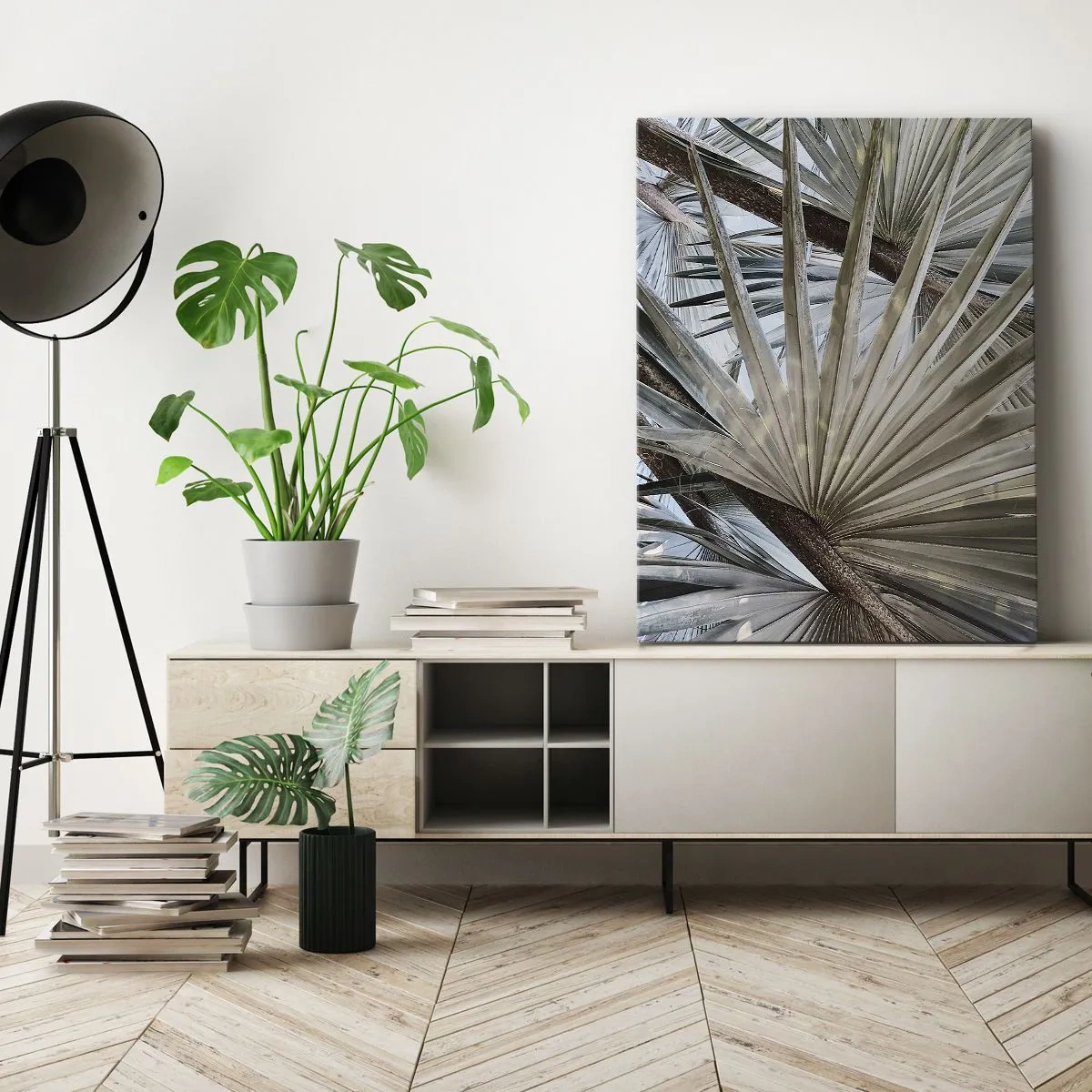 Impression sur toile - Image sur toile - Gros plan de feuilles de palmier dans des tons naturels de vert - 50x70cm - Evantail sous les tropiques - Décoration murale moderne pour le salon et la chambre ARTTOR
