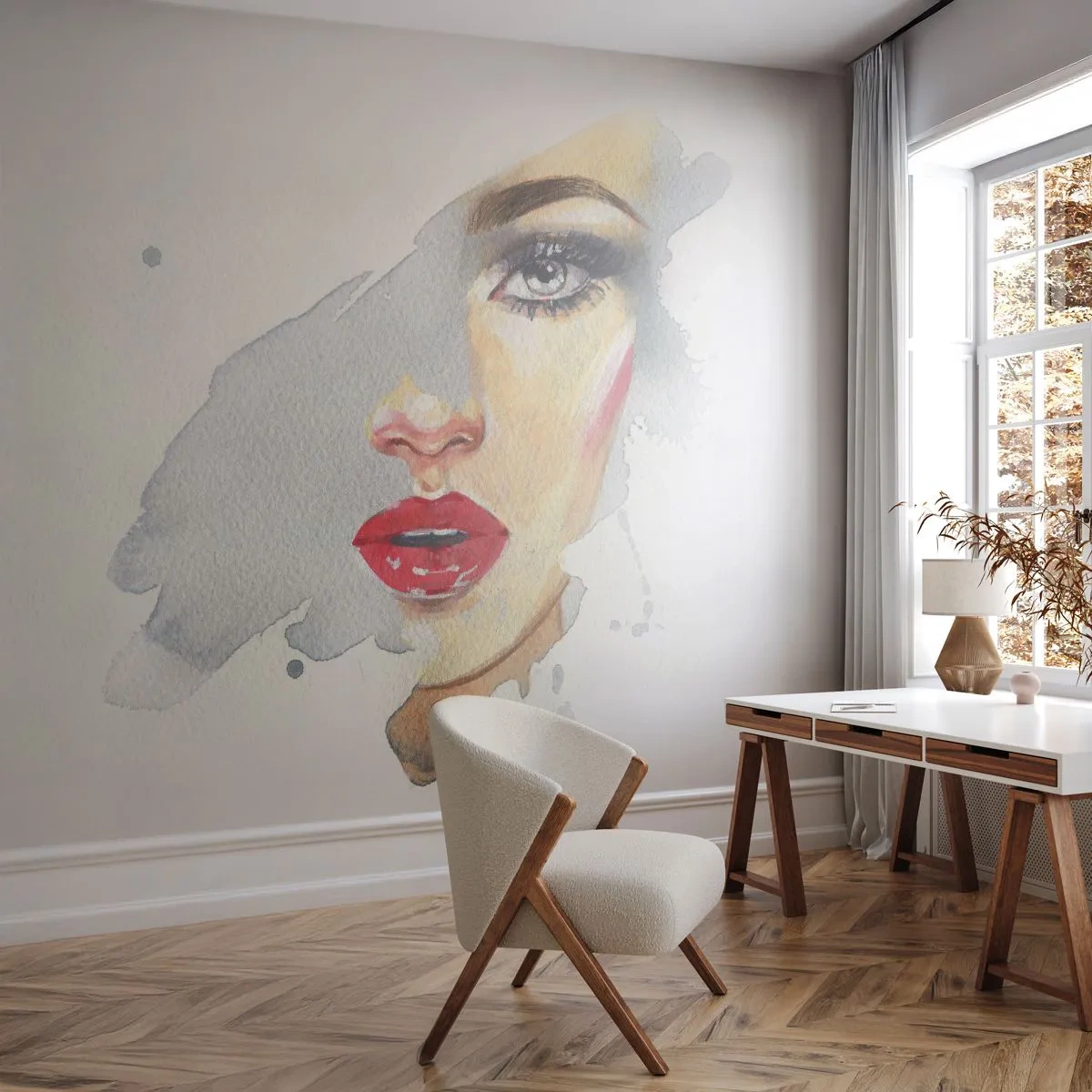Papier Peint Photo Premium Sand - Reflet dans une goutte d'eau - Visage de femme, Femme, lèvres rouges - 350x256 cm