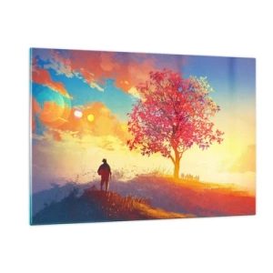 Impression sur verre - Image sur verre - Une silhouette sur fond de ciel coloré et d'arbre aux couleurs chaudes - 120x80cm - Pèlerin à destination - Décoration murale moderne pour le salon et la chambre ARTTOR