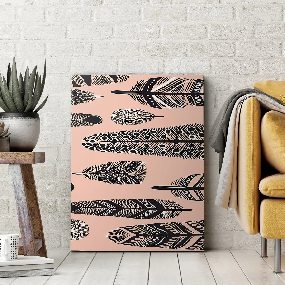 Impression sur toile - Image sur toile - Plumes décoratives sur fond clair - 80x120cm - Collection indienne - Décoration murale moderne pour le salon et la chambre ARTTOR