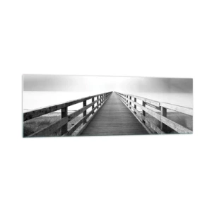Impression sur verre - Image sur verre - Une image en noir et blanc d'une jetée en bois menant vers l'horizon. - 160x50cm - A perte de vue... - Décoration murale moderne pour le salon et la chambre ARTTOR