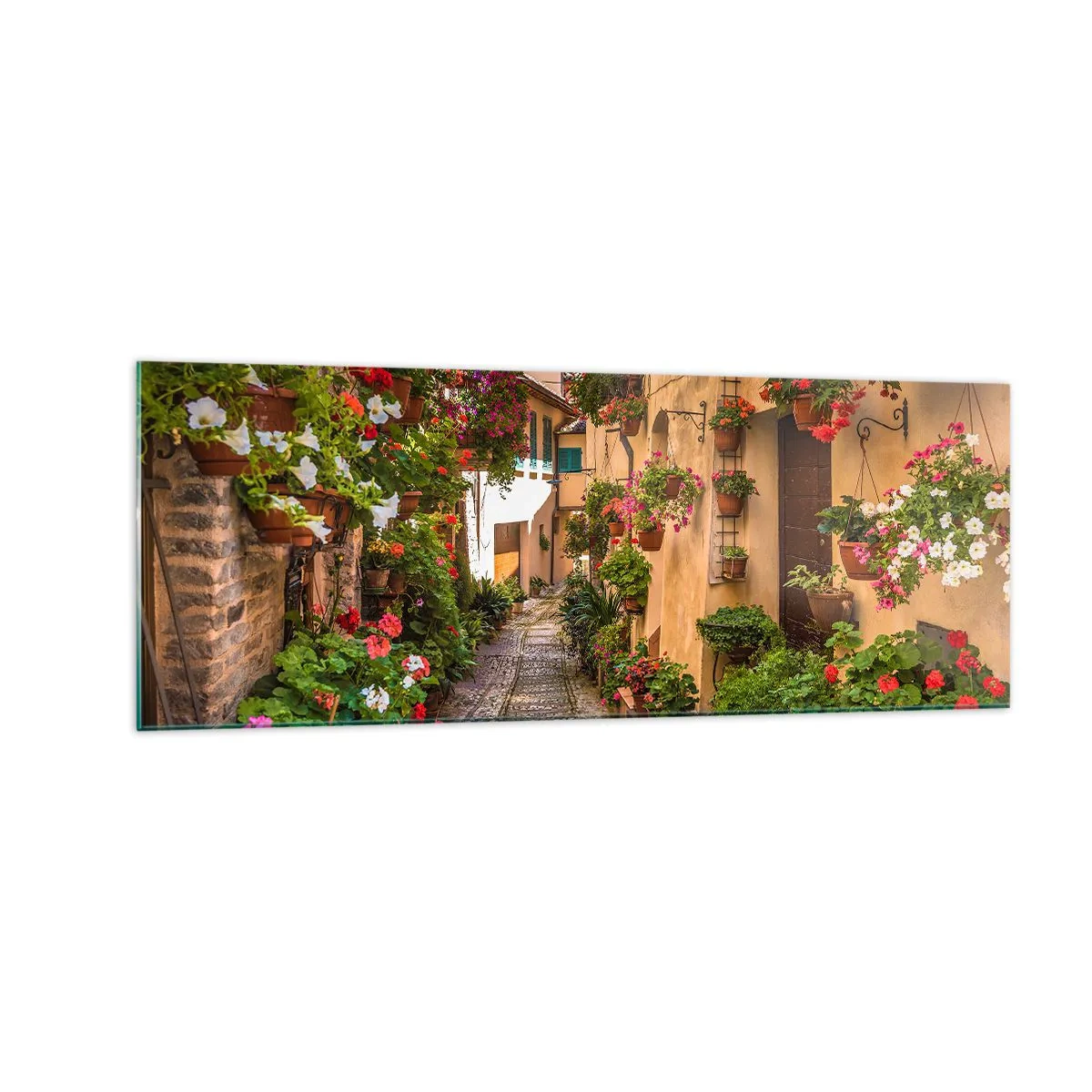 Impression sur verre - Image sur verre - Une charmante rue pleine de fleurs et de pots de fleurs - 140x50cm - Ruelle italienne - Décoration murale moderne pour le salon et la chambre ARTTOR