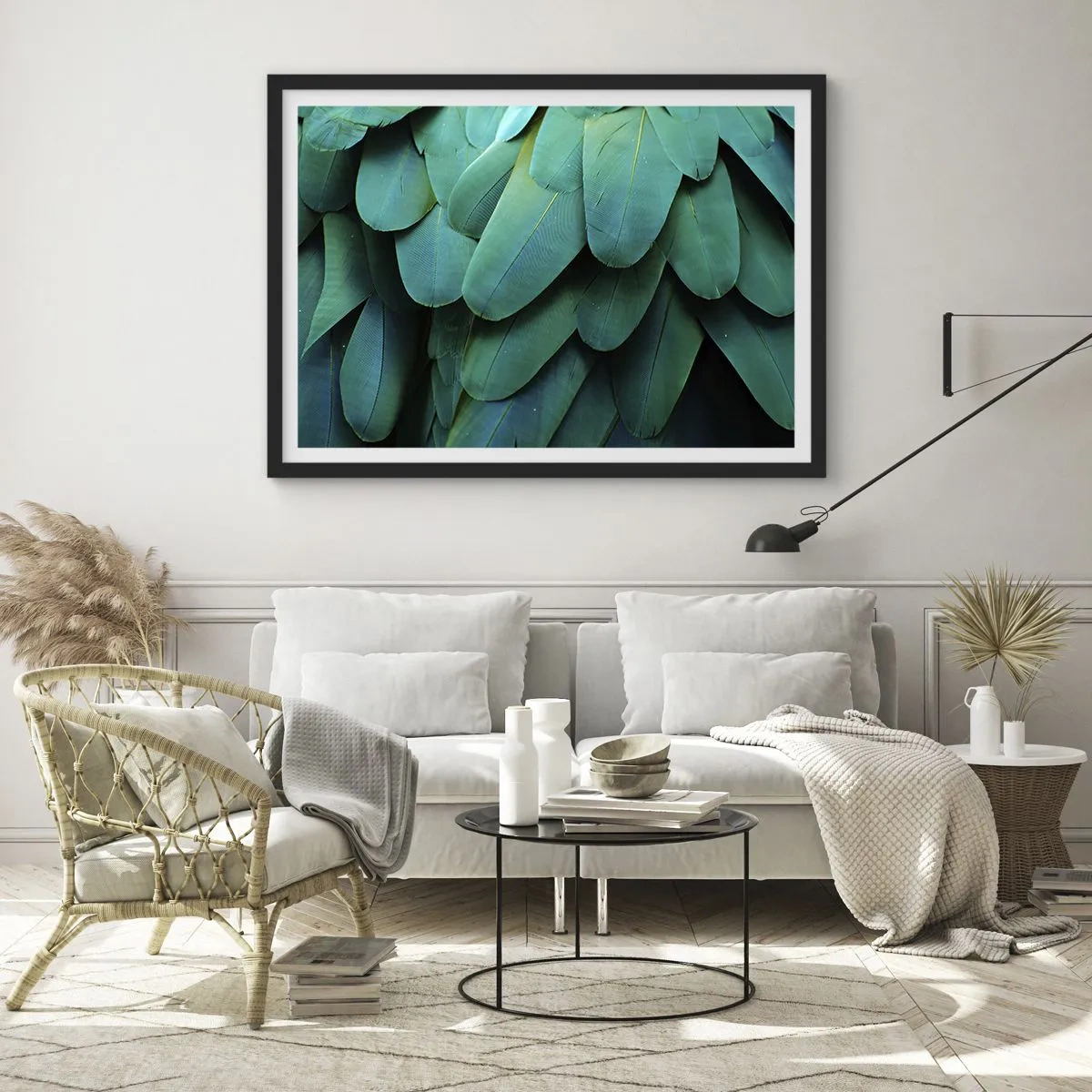 Affiche dans un cadre noir - Poster - Détail de plumes dans des tons de vert - 70x50cm - Perfection de la nature du perroquet - Décoration murale moderne pour le salon et la chambre ARTTOR
