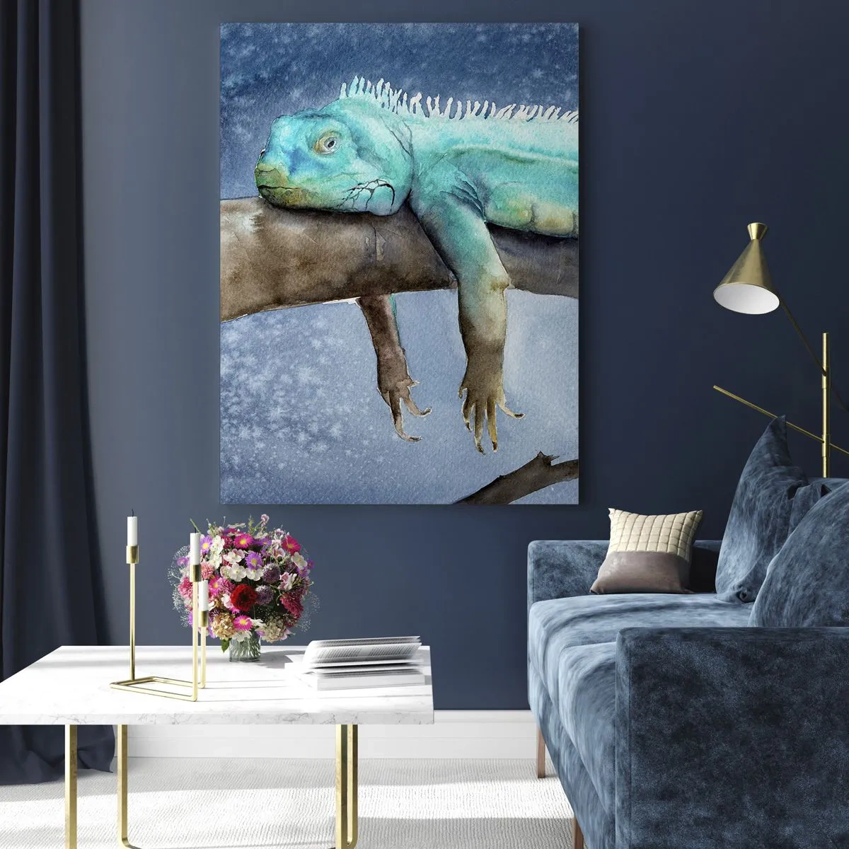 Impression sur verre - Image sur verre - Iguane bleu reposant sur une branche - 80x120cm - Tout va bien! - Décoration murale moderne pour le salon et la chambre ARTTOR