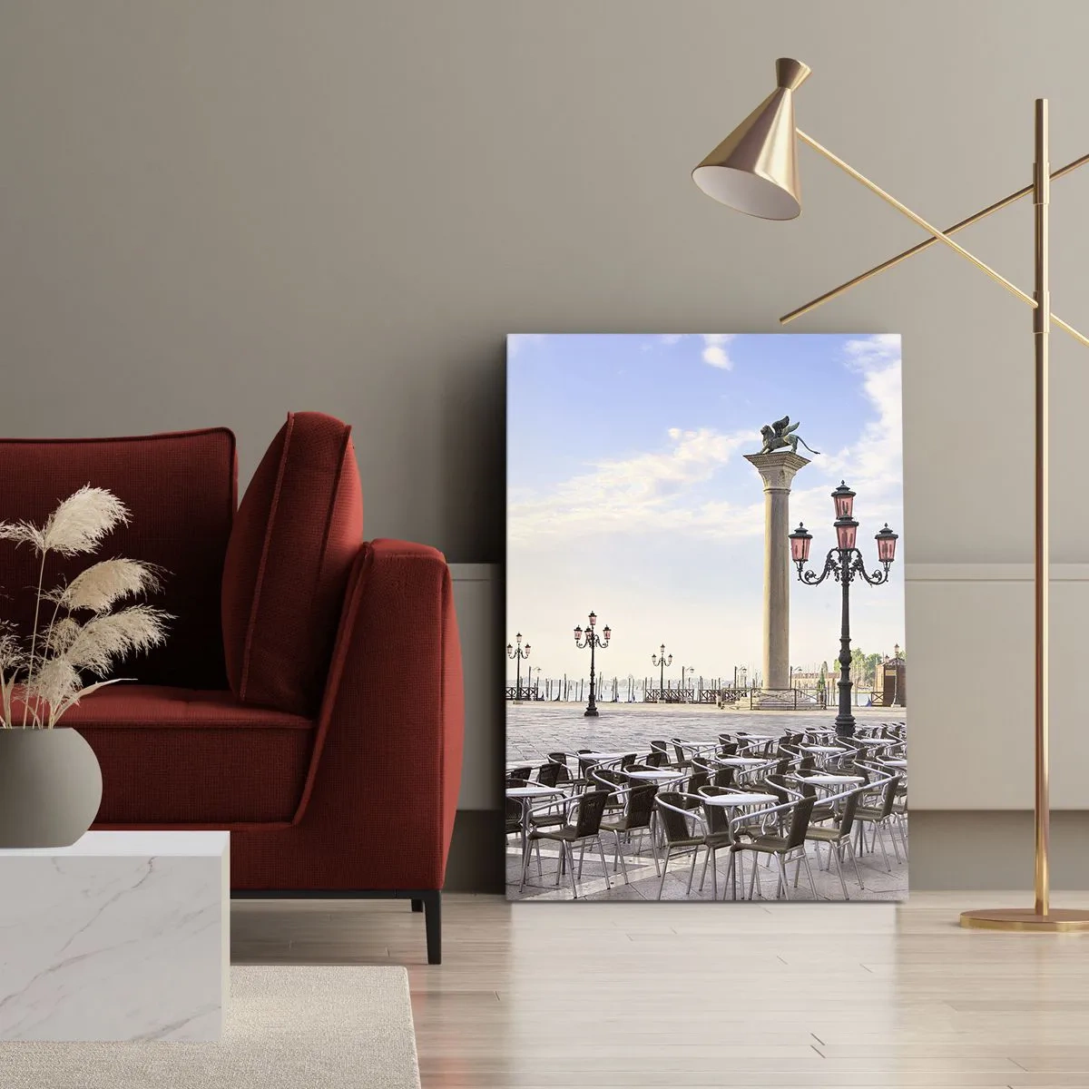 Impression sur toile - Image sur toile - Venise, vue de la place avec des colonnes et des tables de café - 70x100cm - Nous vous invitons, tout est prêt - Décoration murale moderne pour le salon et la chambre ARTTOR