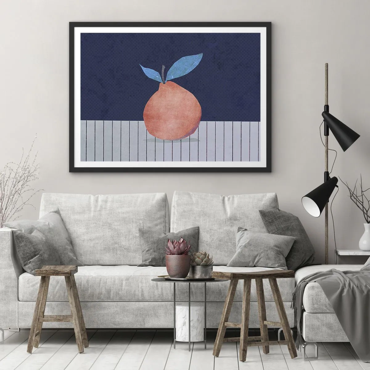 Affiche dans un cadre noir - Poster - Fruit abstrait sur fond de couleurs contrastées et de lignes droites. - 70x50cm - Convexité et plan - Décoration murale moderne pour le salon et la chambre ARTTOR