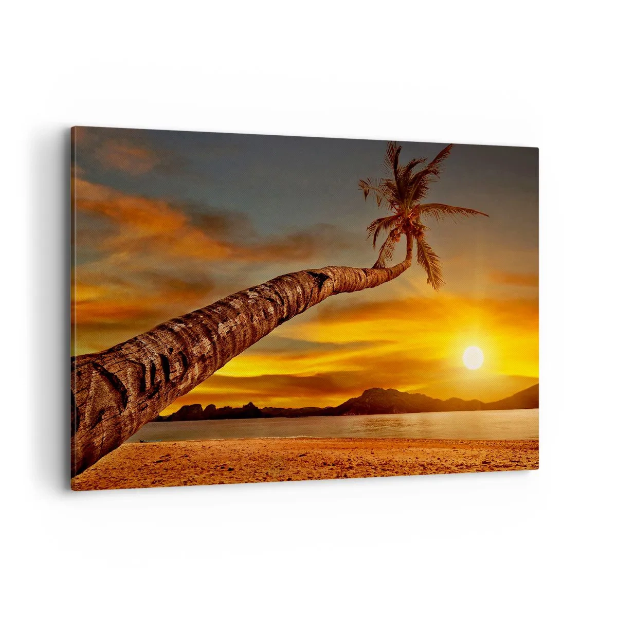 Impression sur toile - Image sur toile - Palmier sur la plage au coucher du soleil avec vue sur la mer - 120x80cm - Vacances exotiques, aventure caribéenne - Décoration murale moderne pour le salon et la chambre ARTTOR