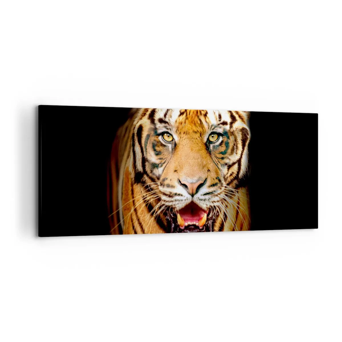 Impression sur toile - Image sur toile - Un tigre avec la gueule ouverte sur un fond noir - 120x50cm - Le coeur sauvageon - Décoration murale moderne pour le salon et la chambre ARTTOR