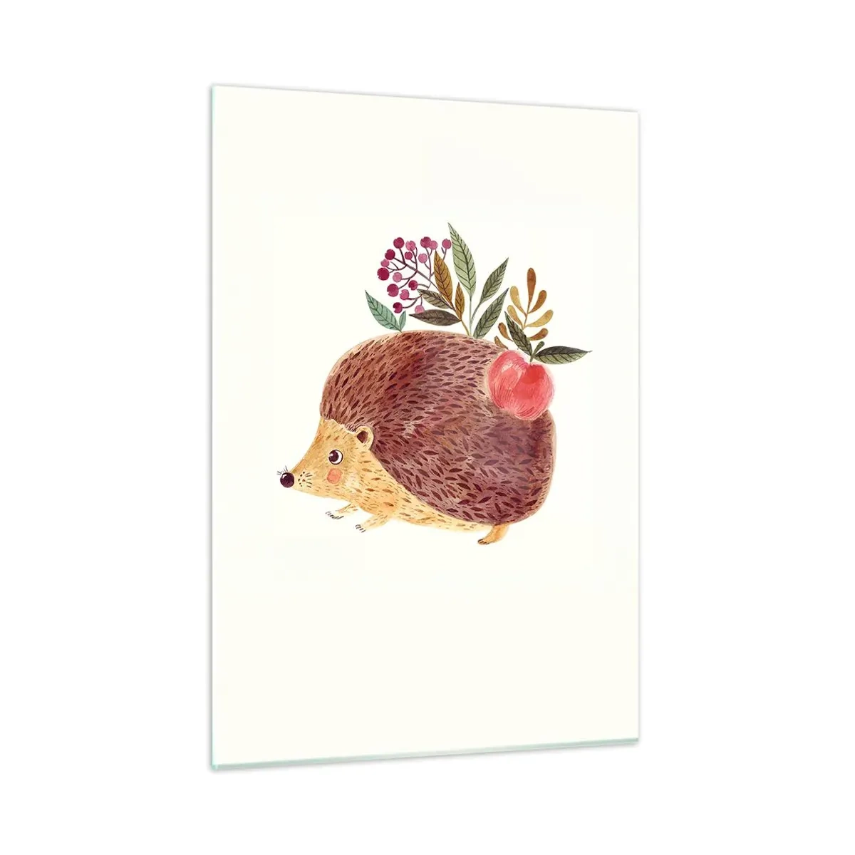 Impression sur verre - Image sur verre - Un hérisson de dessin animé avec une pomme et des brindilles sur le dos - 50x70cm - Et tu m’apprécies déjà - Décoration murale moderne pour le salon et la chambre ARTTOR