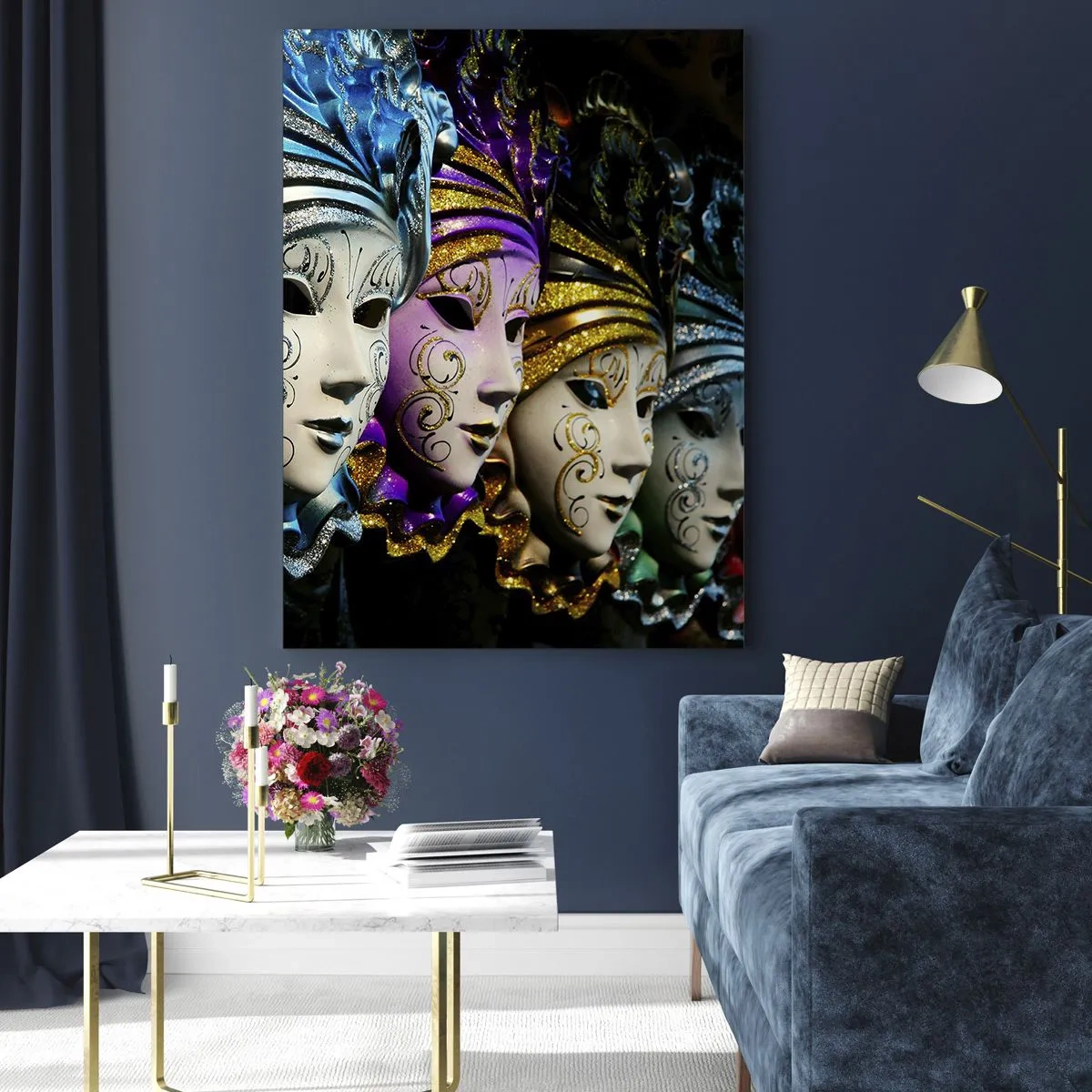 Impression sur verre - Image sur verre - Masques vénitiens de différentes couleurs avec des motifs décoratifs - 70x100cm - Mystère en or et argent - Décoration murale moderne pour le salon et la chambre ARTTOR