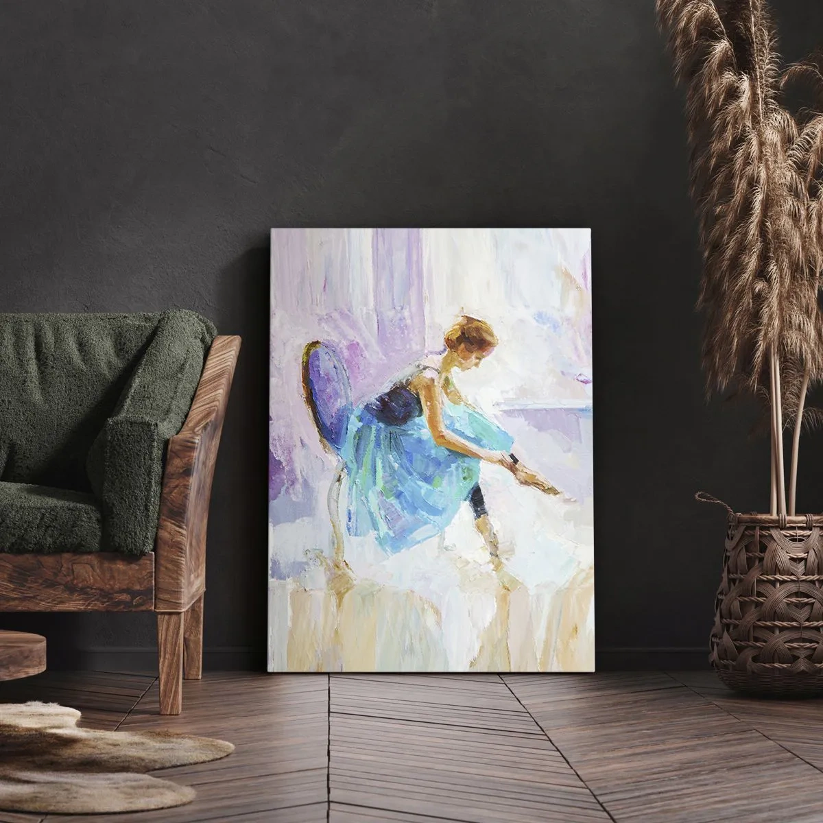 Impression sur toile - Image sur toile - Une ballerine se prépare à danser dans des tons pastel. - 50x70cm - Grâce ineffable, charme subtil - Décoration murale moderne pour le salon et la chambre ARTTOR
