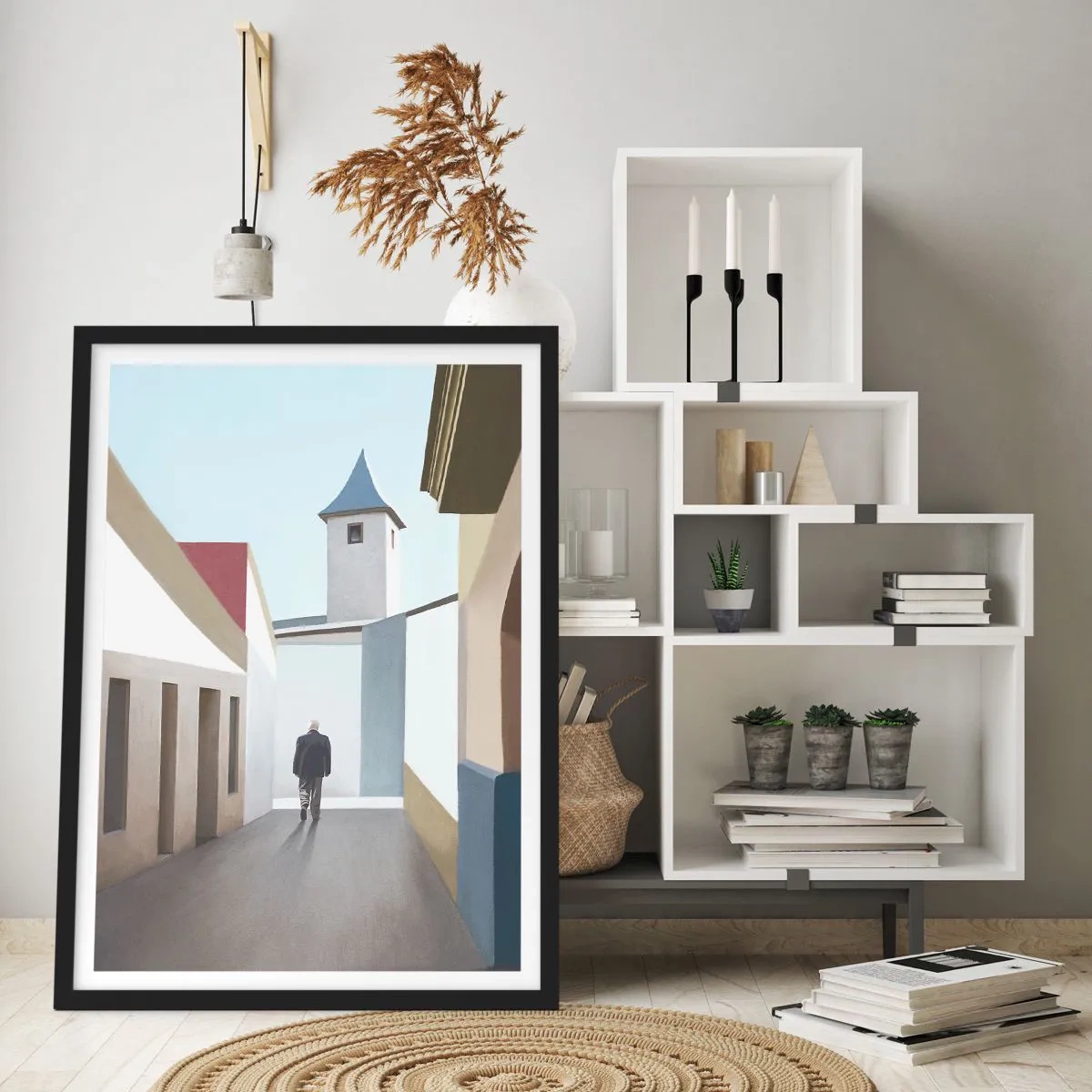 Affiche dans un cadre noir - Poster - Une rue minimaliste avec un passant solitaire - 50x70cm - Une promenade ensoleillée - Décoration murale moderne pour le salon et la chambre ARTTOR