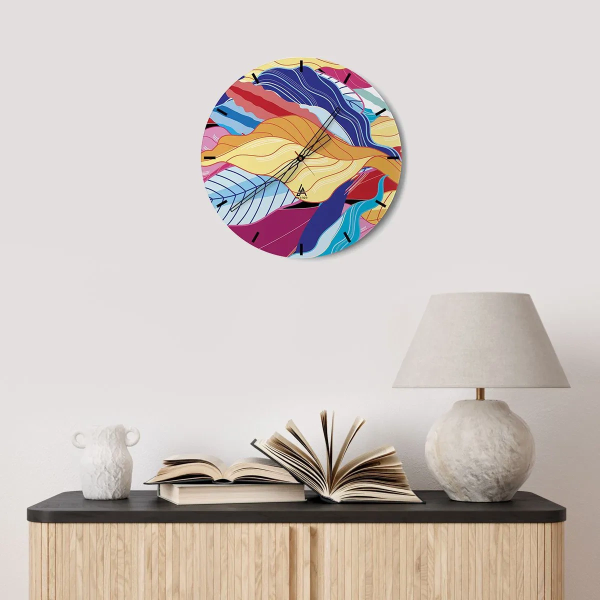 Horloge murale - Pendule murale - Abstraction colorée avec des motifs de feuilles et des lignes ondulées - 30x30cm - Un désordre coloré - Décoration murale moderne pour le salon, la cuisine et la chambre ARTTOR