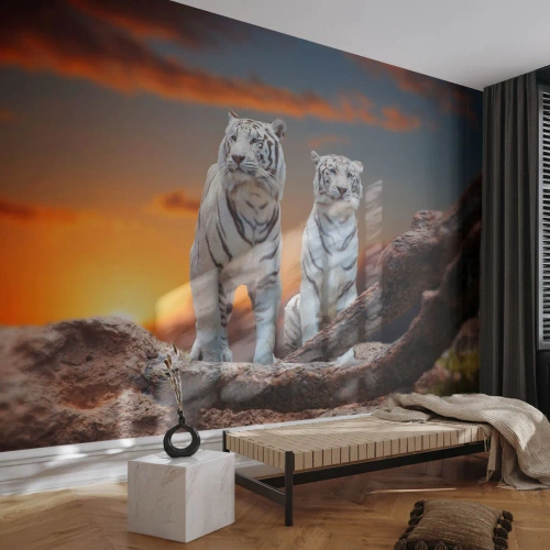 Papier Peint Photo Premium Canvas - Tout comme à Narnia - Animaux, Tigre, Coucher de soleil - 200x140 cm