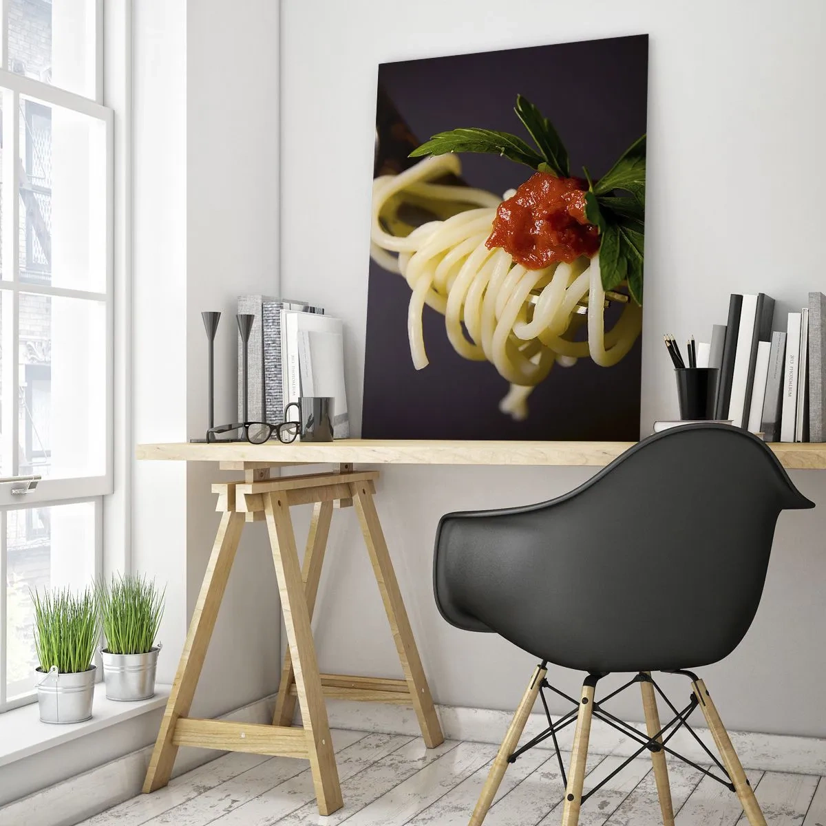 Impression sur verre - Image sur verre - Spaghettis à la fourchette avec sauce tomate - 50x70cm - Une bouchée savoureuse - Décoration murale moderne pour le salon et la chambre ARTTOR