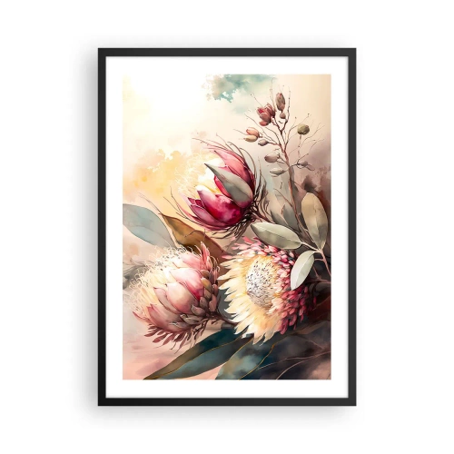 Affiche dans un cadre noir - Poster - Un bouquet de fleurs de protéa aux couleurs délicates - 50x70cm - De profil et de face - Décoration murale moderne pour le salon et la chambre ARTTOR