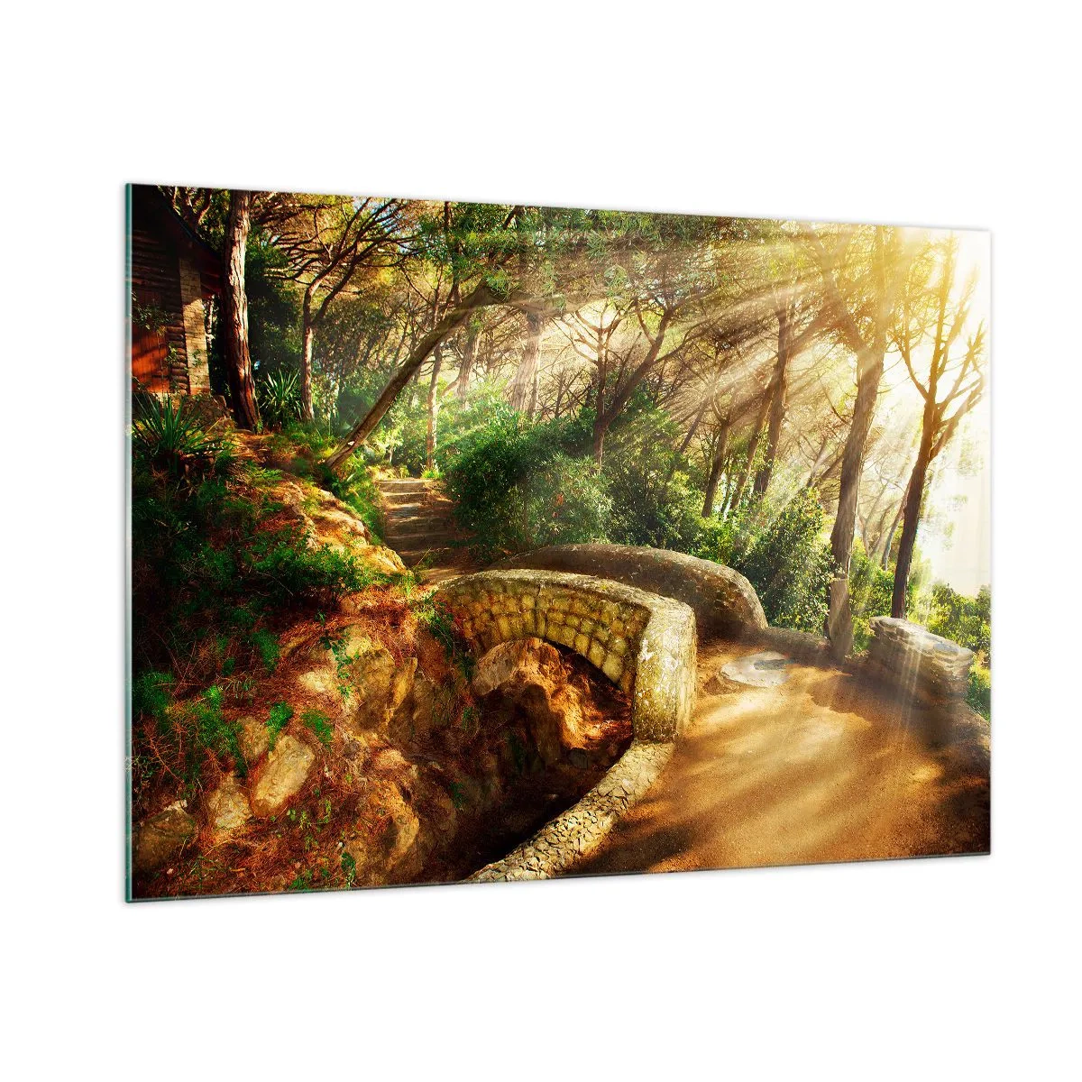 Impression sur verre - Image sur verre - Les rayons du soleil illuminent le pont et le chemin de la forêt - 100x70cm - Directement du pont dans une forêt de conte de fées - Décoration murale moderne pour le salon et la chambre ARTTOR