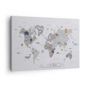 Impression sur toile - Image sur toile - Une carte du monde avec des illustrations d'animaux sur fond gris - 70x50cm - Dis-moi d'où tu viens... - Décoration murale moderne pour le salon et la chambre ARTTOR