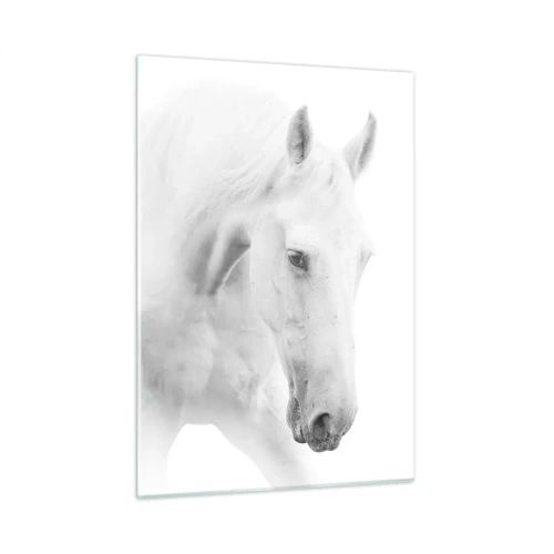 Impression sur verre - Image sur verre - Deux chevaux blancs se faisant face sur un fond clair - 50x70cm - Serait-ce de l’amitié? - Décoration murale moderne pour le salon et la chambre ARTTOR