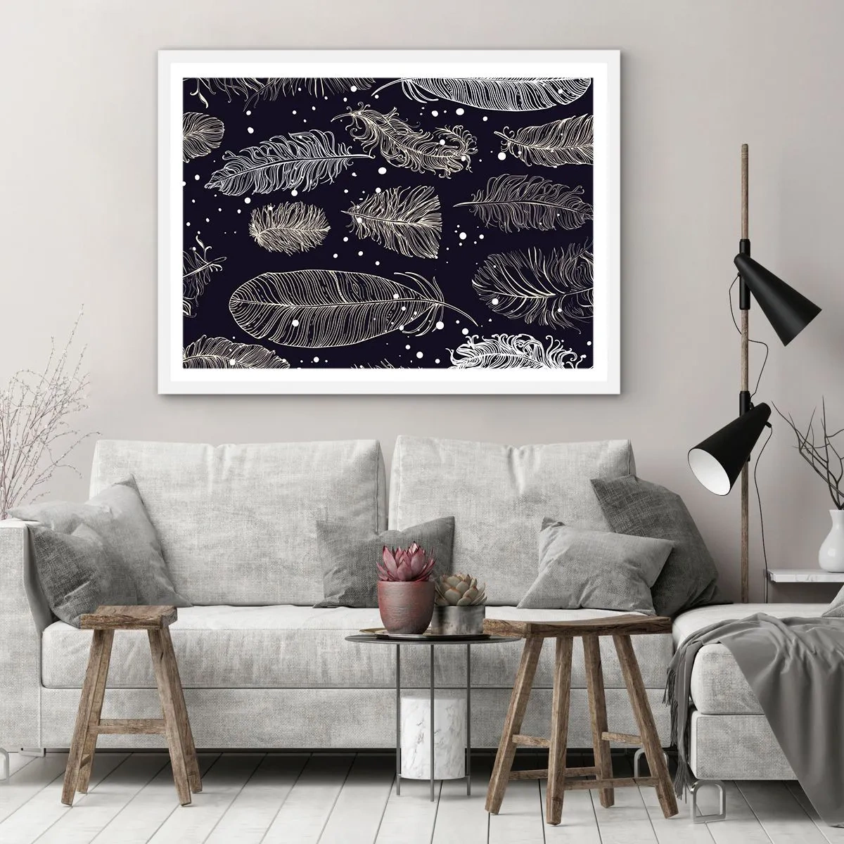 Affiche dans un cadre blanc - Poster - Toile de plumes - 100x70 cm