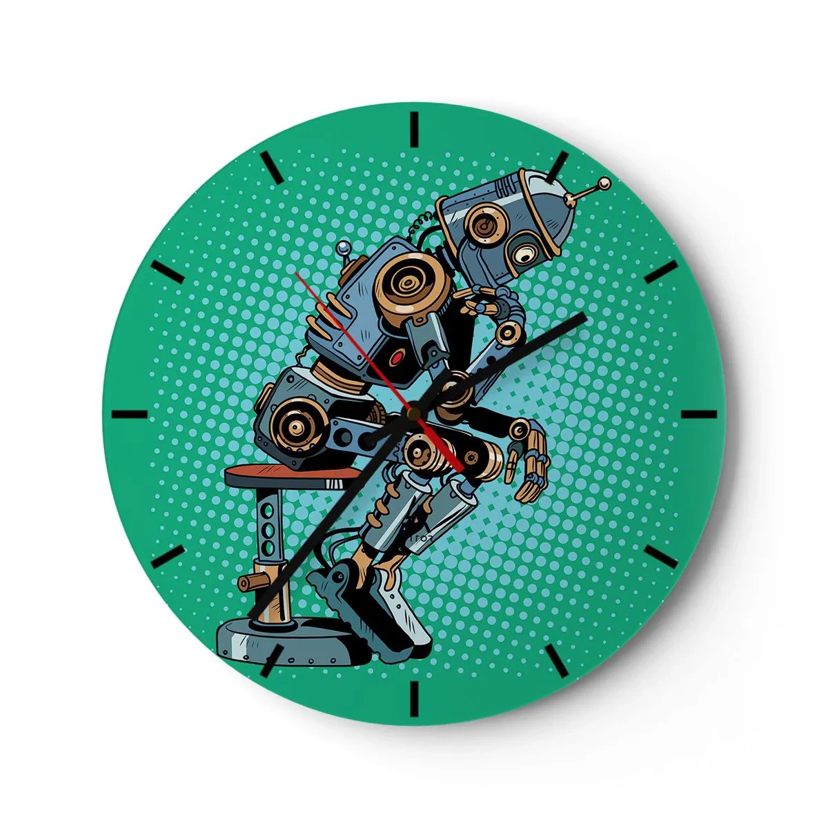 Horloge murale - Pendule murale - Un robot dans une pose de penseur sur un fond vert - 30x30cm - Au-dessus de l'essence de l'être - Décoration murale moderne pour le salon, la cuisine et la chambre ARTTOR