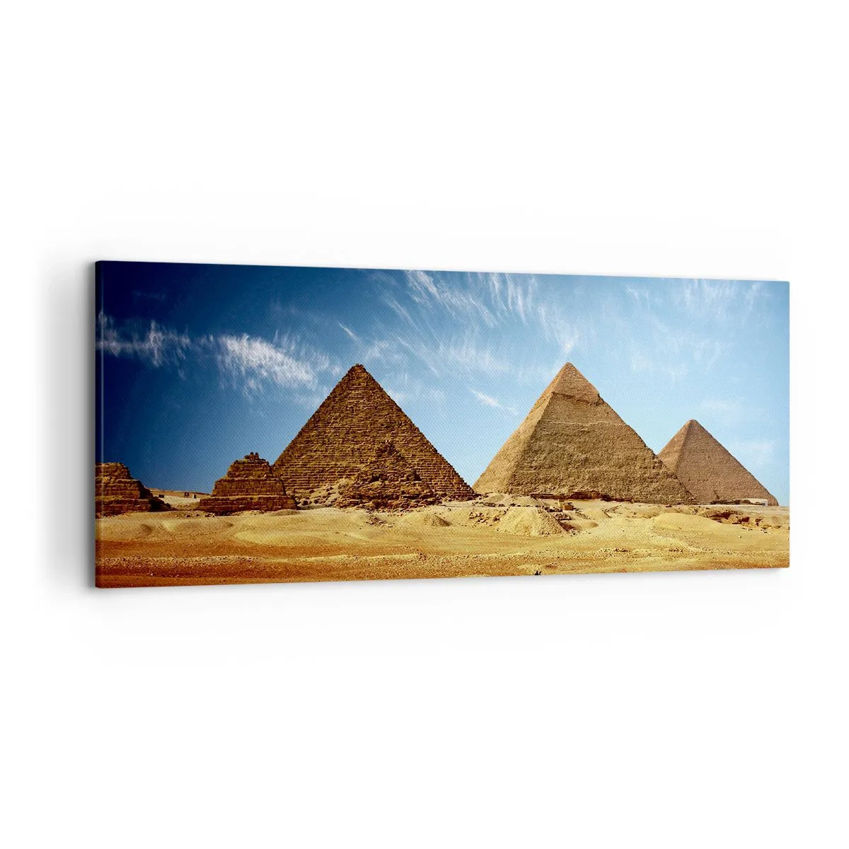 Impression sur toile - Image sur toile - Les pyramides de Gizeh contre un ciel bleu et un paysage désertique - 120x50cm - 40 siècles vous regardent - Décoration murale moderne pour le salon et la chambre ARTTOR
