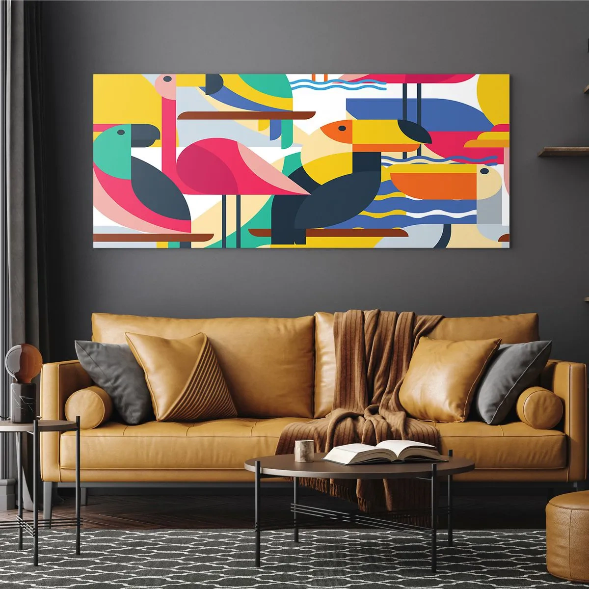 Impression sur verre - Image sur verre - Oiseaux colorés dans une composition abstraite et géométrique - 160x50cm - Fête des oiseaux - Décoration murale moderne pour le salon et la chambre ARTTOR