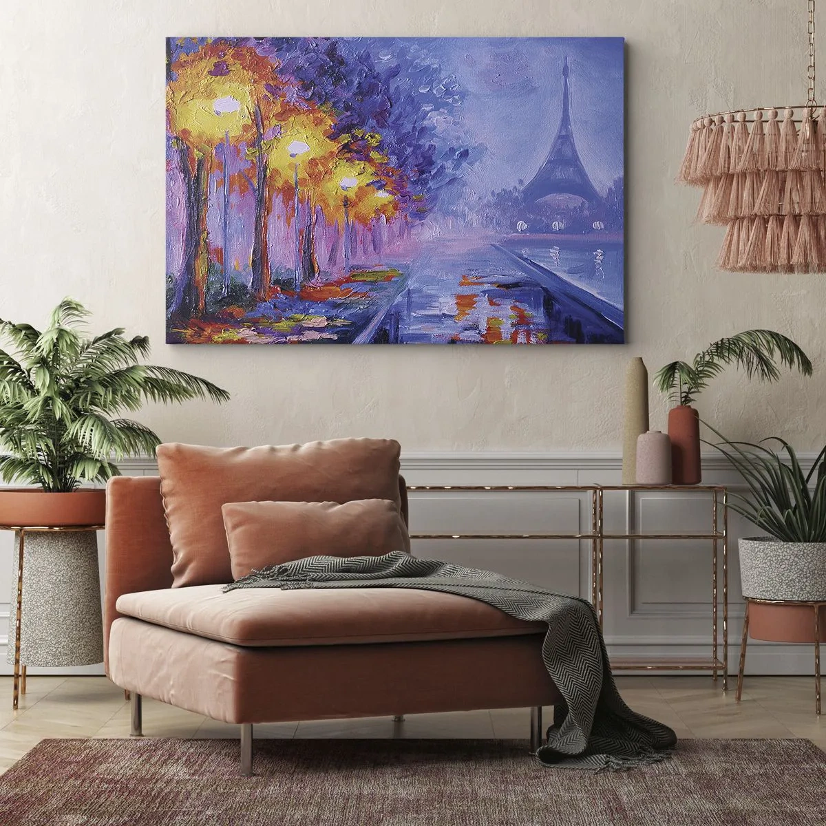 Impression sur toile - Image sur toile - Une avenue avec des lampadaires à Paris avec la Tour Eiffel en arrière-plan - 70x50cm - Une ballade idéale - Décoration murale moderne pour le salon et la chambre ARTTOR