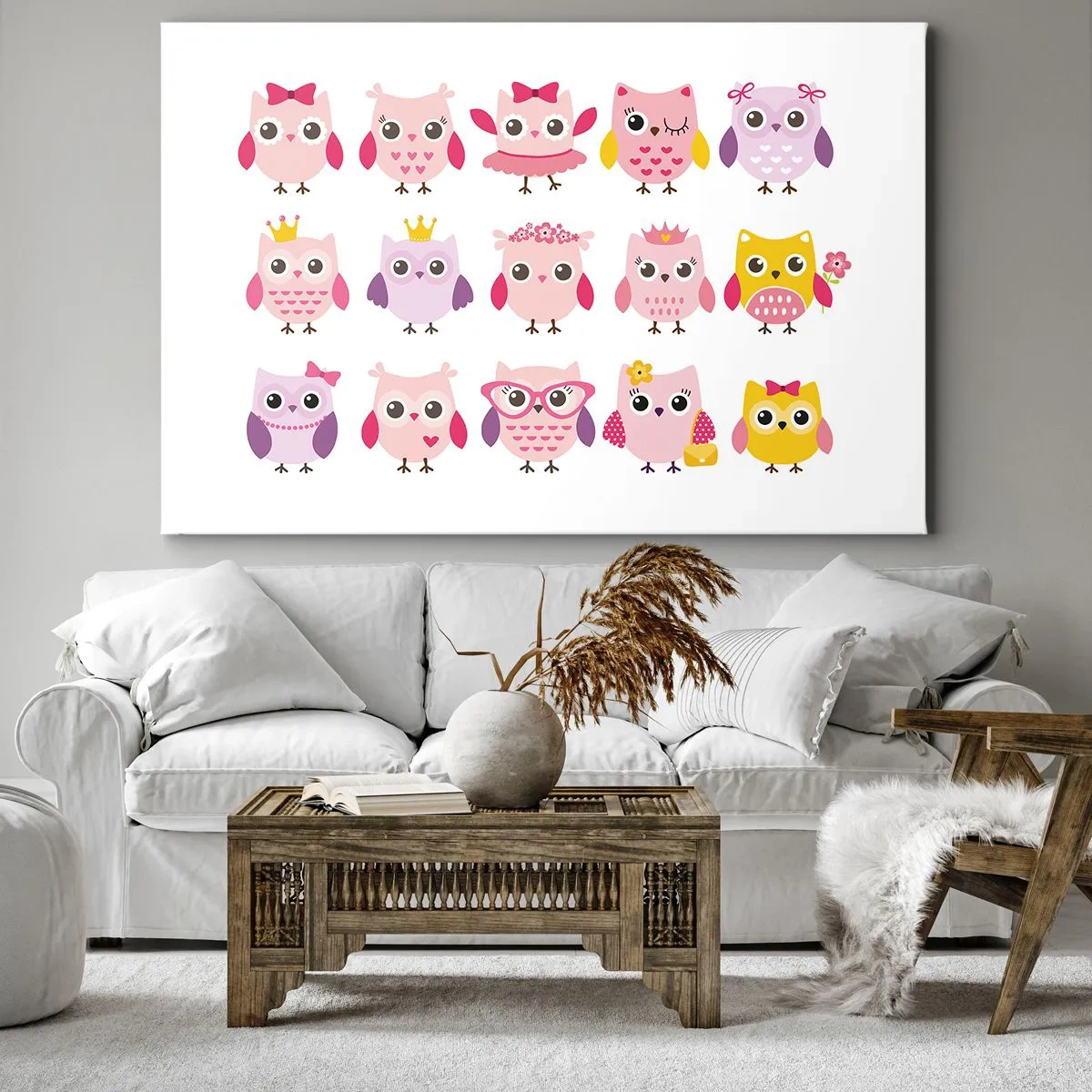 Impression sur toile - Image sur toile - Hiboux mignons aux couleurs pastel - 100x70cm - L'un est plus doux que l'autre - Décoration murale moderne pour le salon et la chambre ARTTOR