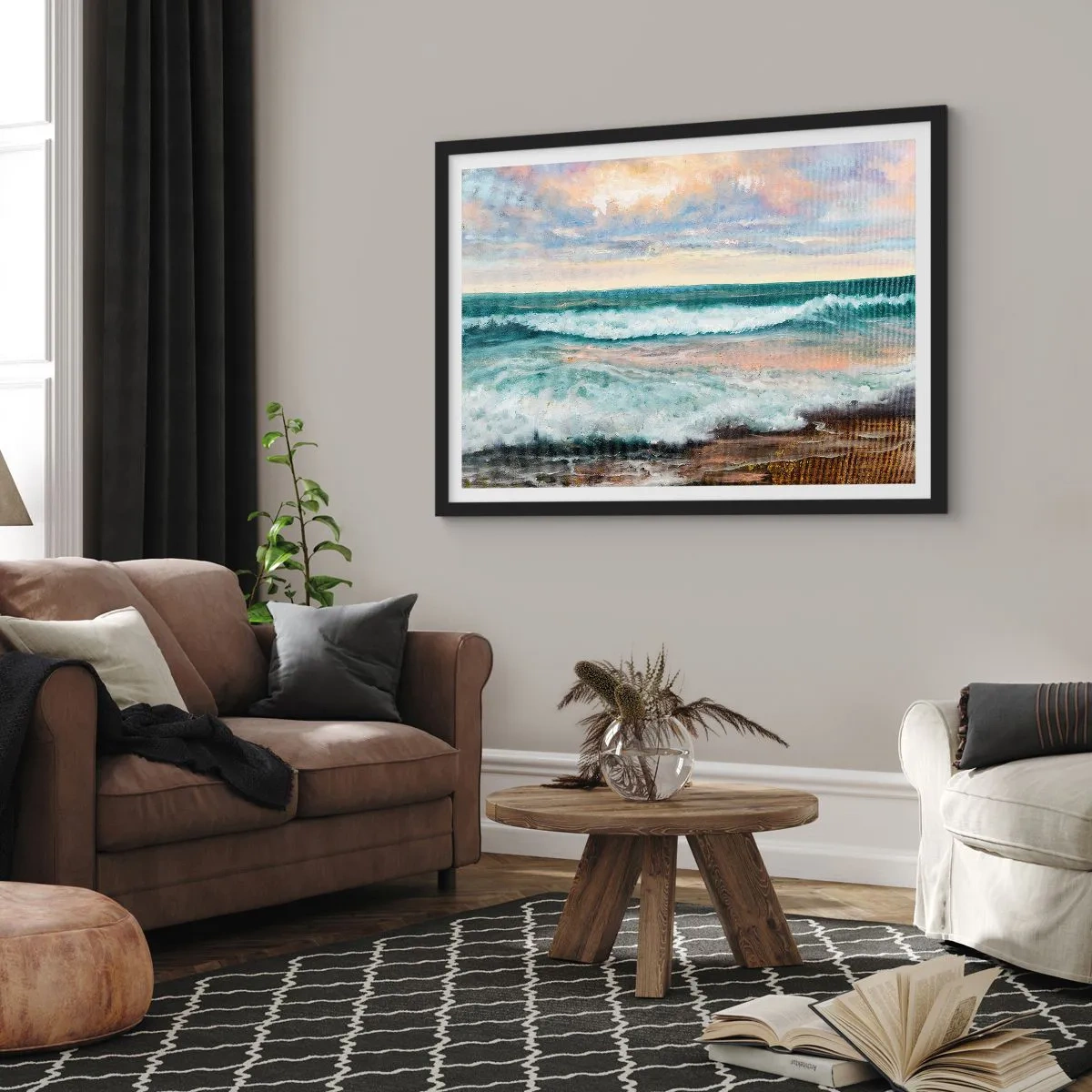 Affiche dans un cadre noir - Poster - Vagues de la mer contre un ciel nuageux au coucher du soleil - 70x50cm - Ici tu adouciras ton âme - Décoration murale moderne pour le salon et la chambre ARTTOR