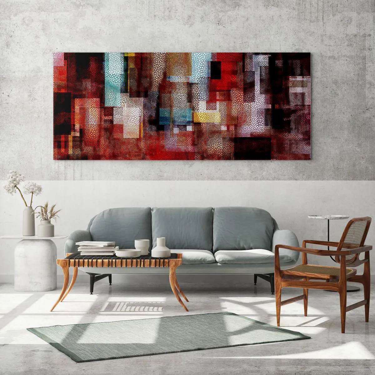 Impression sur verre - Image sur verre - Abstraction géométrique dans des tons intenses de rouge - 160x50cm - Mélange de confusions - Décoration murale moderne pour le salon et la chambre ARTTOR