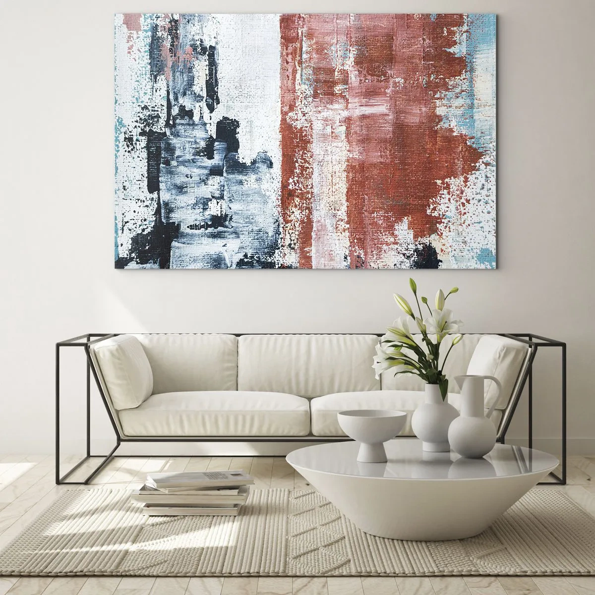 Impression sur verre - Image sur verre - Une combinaison abstraite de bleu et de rouge rouille - 100x70cm - Moitié-moitié abstrait - Décoration murale moderne pour le salon et la chambre ARTTOR